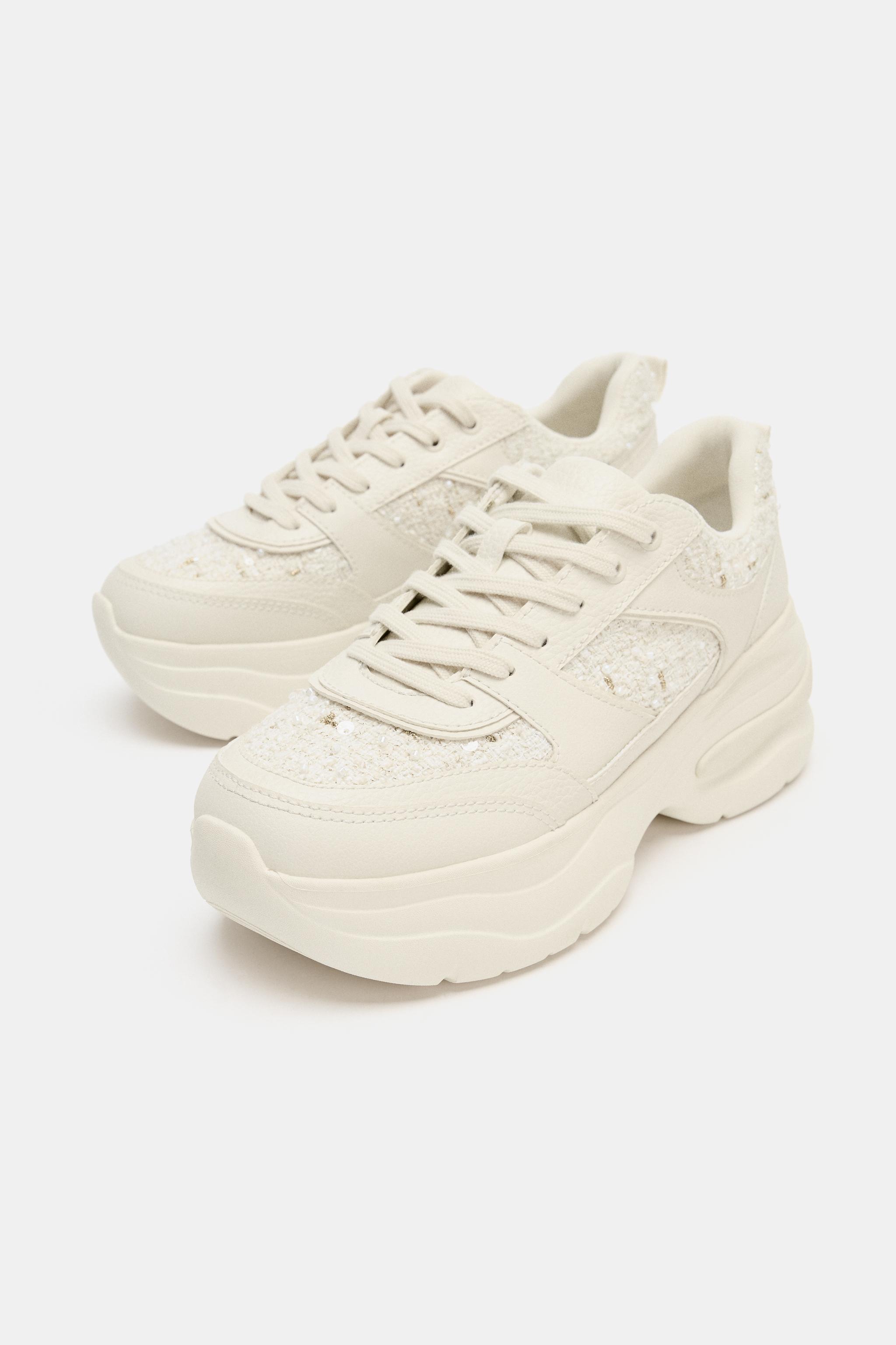 ZARAフェイクパールフラットフォームスニーカー ツイードスニーカー フェイクパールプラットフォームスニーカー - エクリュ | ZARA Japan