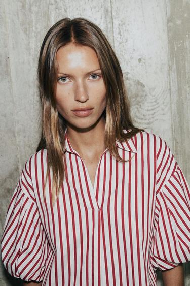 Zara STRIPED PUFF SLEEVE SHIRT - Red / White