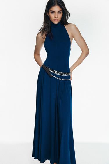 VESTIDO LARGO CUELLO SUBIDO - Azul de Zara