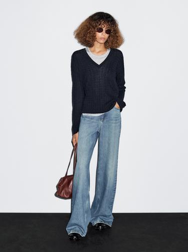 Zara V-neck cable-knit sweater - Navy blue