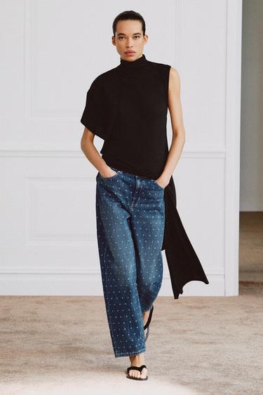 Zara ZW COLLECTION POLKA DOT TAPERED MID-RISE JEANS - blue