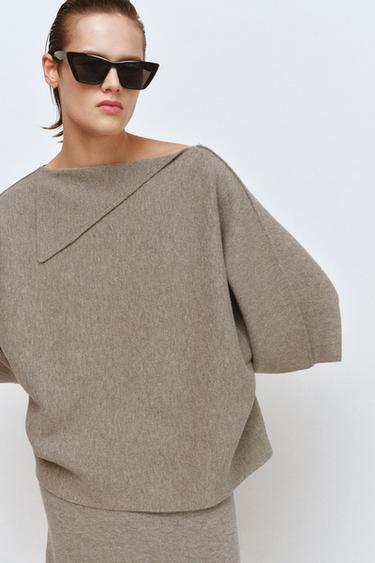Zara LAPEL COLLAR KNIT JUMPER - Sand / Marl