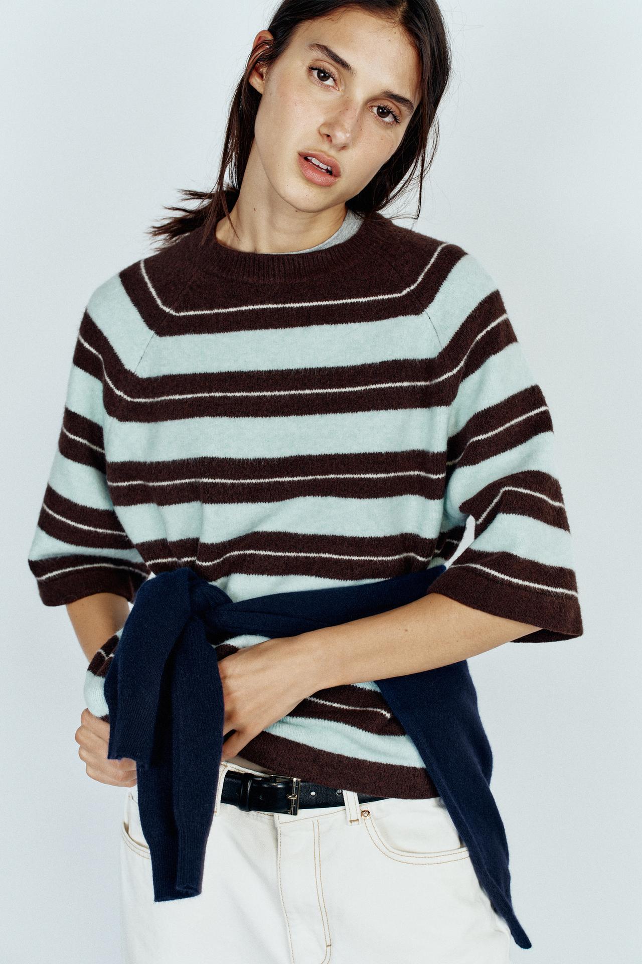 SOFT-TOUCH STRIPED KNIT SWEATER — Brown-Blue