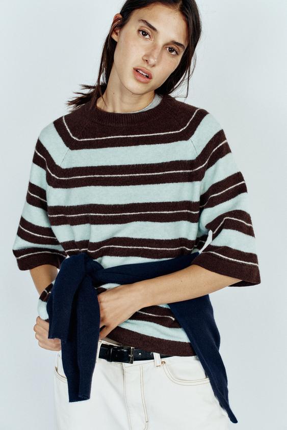 PULL EN MAILLE RAYURES TOUCHER DOUX - Marron-Bleu de Zara - Image 1