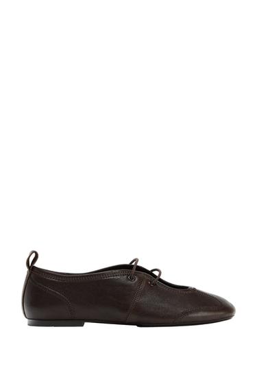 LEATHER LACE-UP BALLET FLATS - Brown by Zara