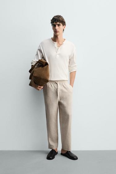Zara RELAXED FIT LINEN PANTS - Light beige - Image 0