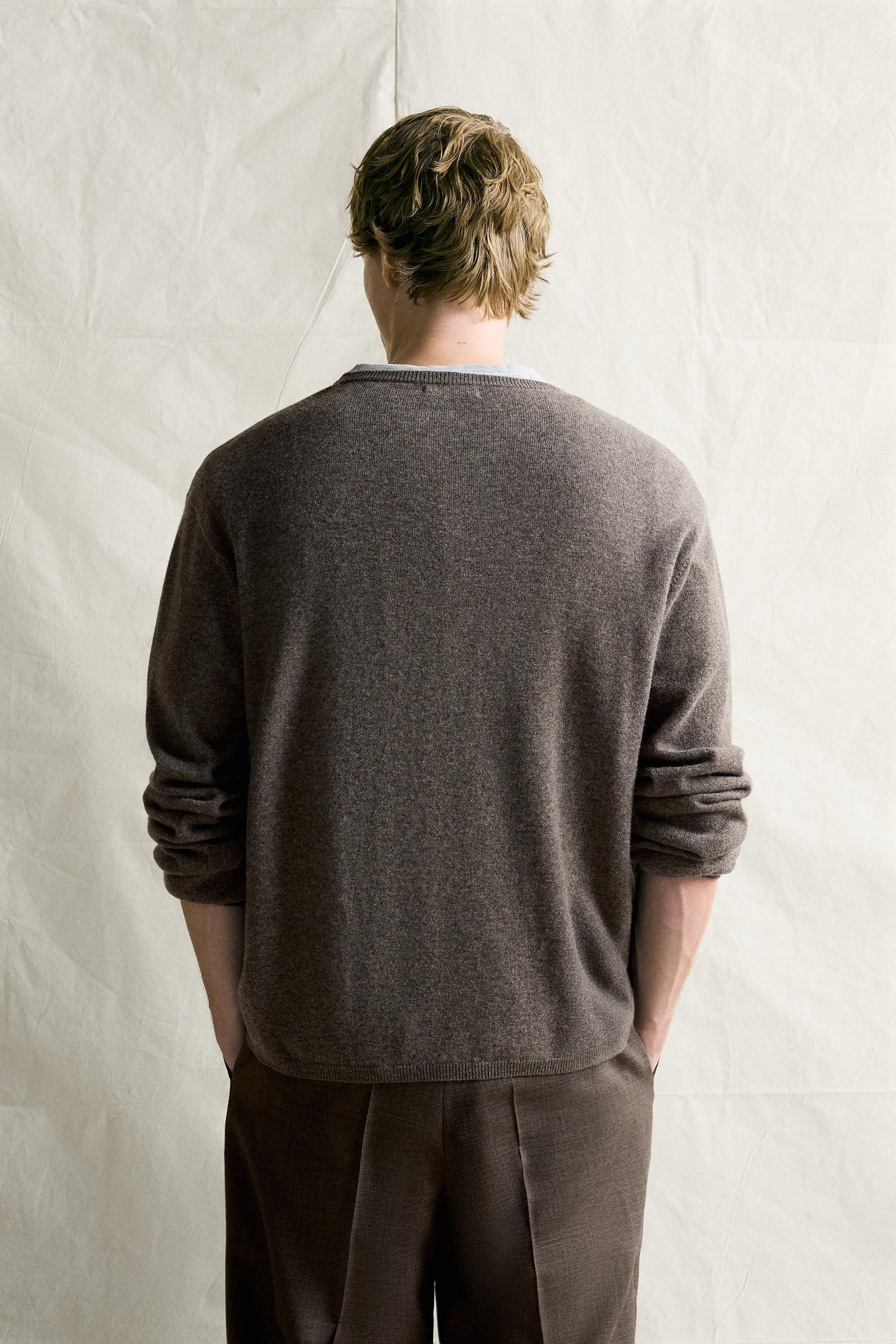 Мужской свитер Zara Wool-Cashmere Mock-Neck Polo Sweater, цвет: Рыжевато-коричневый меланжевый — фото 3