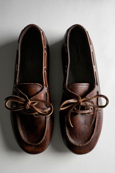 Zara Leather lace-up boat shoe - Brown - Image 0
