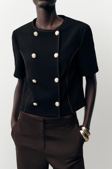 BLAZER MANCHES COURTES SURPIQÛRES CONTRASTE - Noir de Zara - Image 2