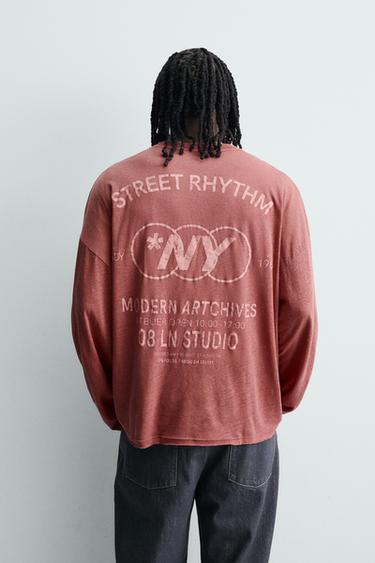 Zara RELAXED FIT COTTON - LINEN TEXT T-SHIRT - Red