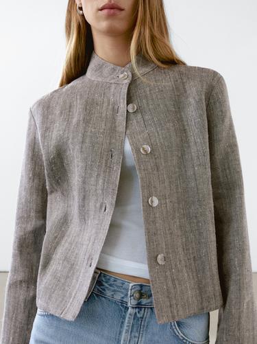 Zara Short linen jacket with stand collar - Gray