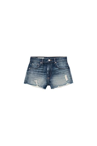TRF HIGH-WAIST RIPPED DENIM SHORTS - Navy blue by Zara