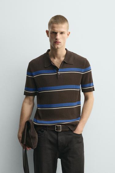 STRIPED JACQUARD KNIT POLO SHIRT - Brown by Zara