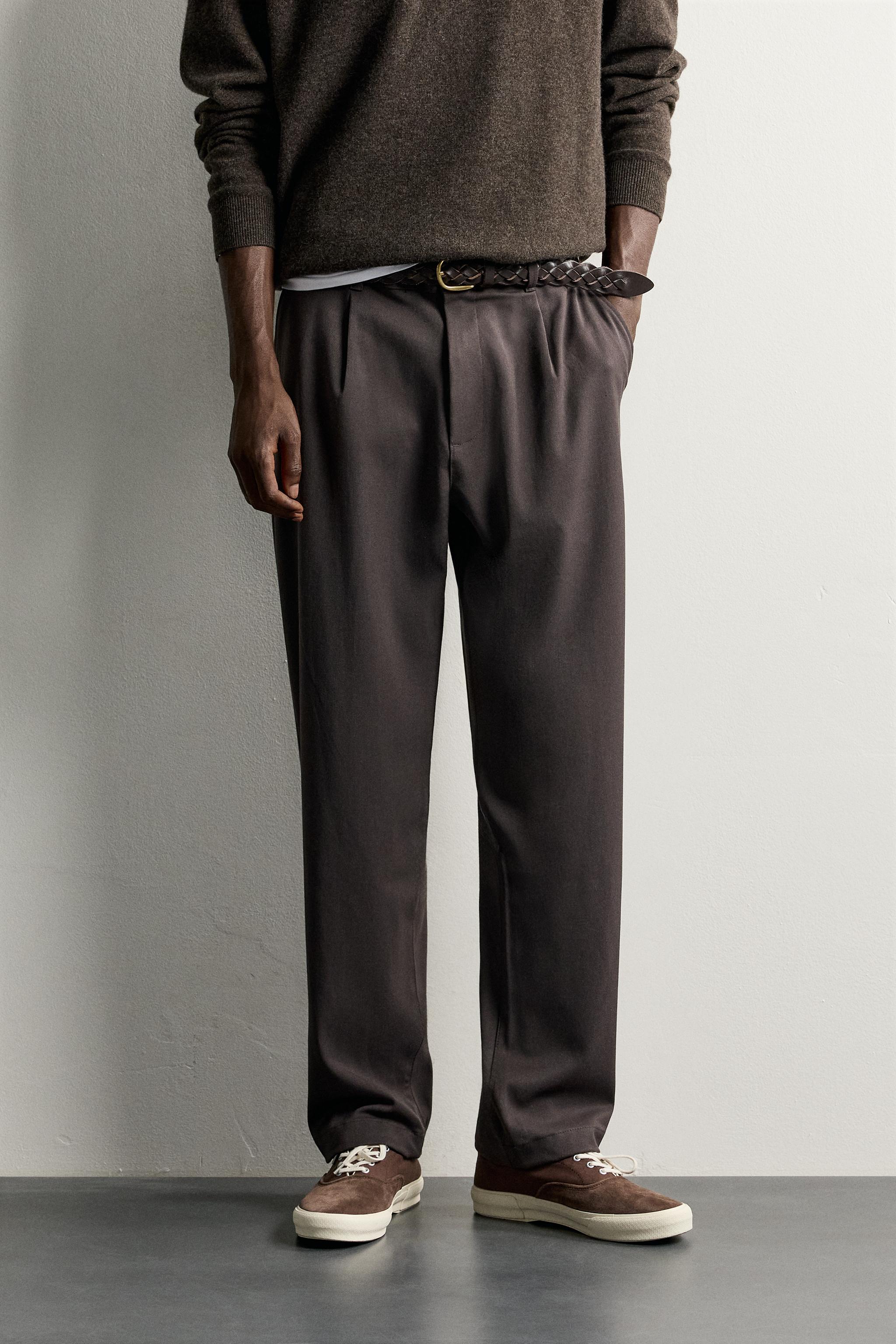 RELAXED FIT PLEATED TROUSERS — Brown