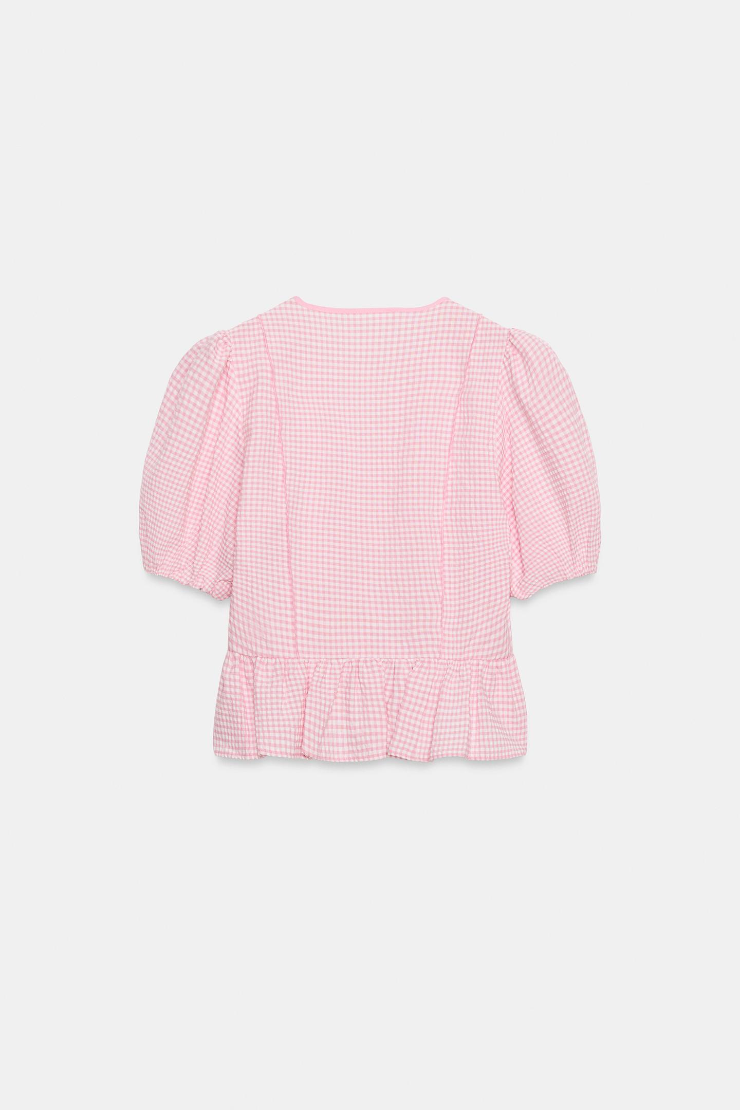 Женская блузка Zara Gingham Peplum Blouse, цвет: Розовый / Белый — фото 8