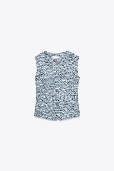 Zara STRUCTURED BELTED VEST - White / Sky blue