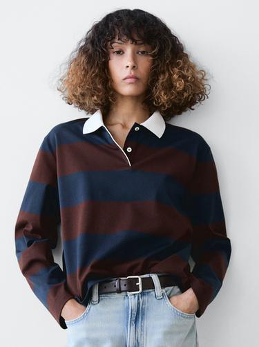 Zara Striped long sleeve cotton polo shirt - Navy blue