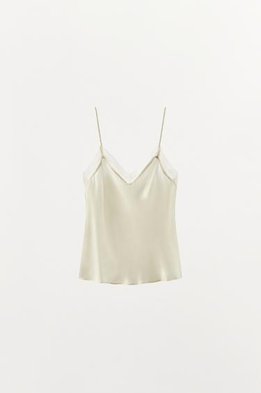 Zara 100% 絲質蕾絲飾邊上衣 - 裸色