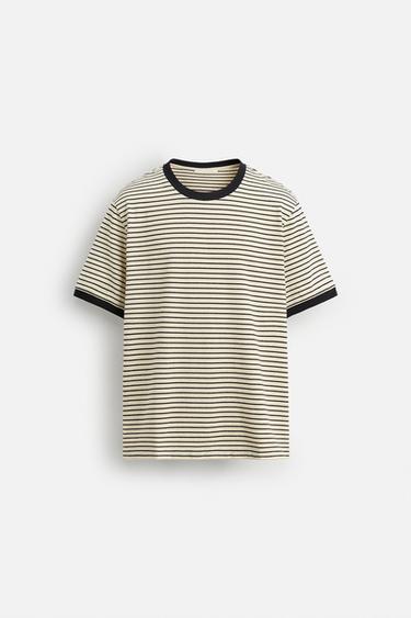 Zara CONTRAST RIB STRIPE T-SHIRT - Ecru / Navy