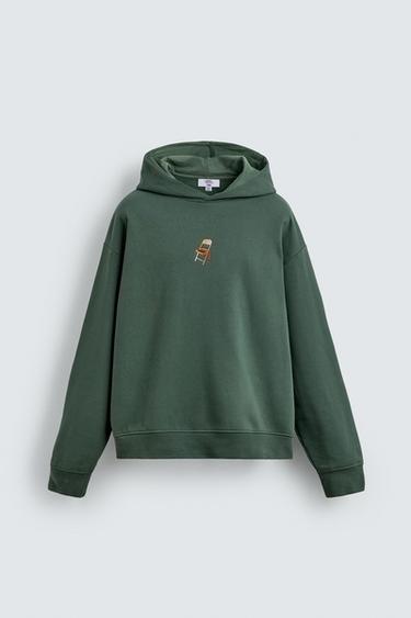 Zara EMBROIDERED HOODIE SWEATSHIRT - Mid-green