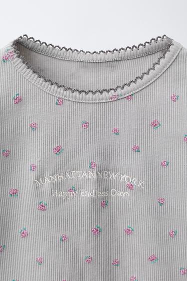 RIBBED FLORAL T-SHIRT WITH EMBROIDERED SLOGAN - Light grey by Zara - Image 2