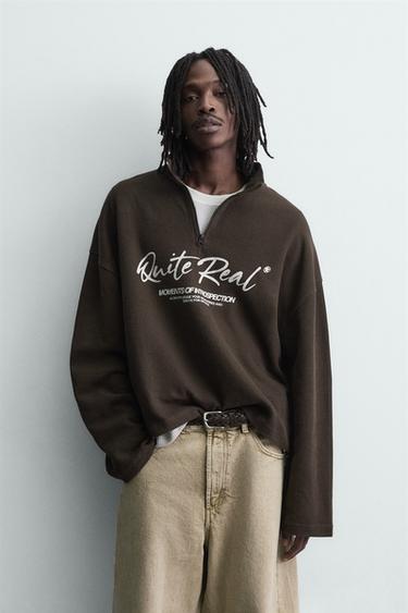 Zara PRINTED QUARTER-ZIP SWEATSHIRT - Chocolate brown