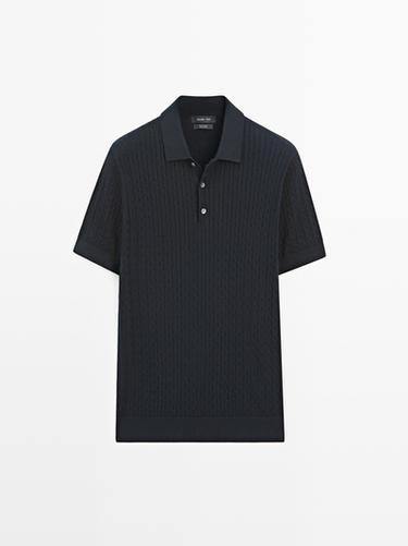 Zara 100% cotton cable-knit polo shirt - Navy blue - Image 0