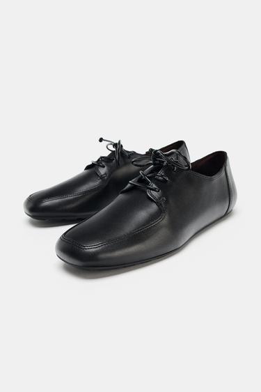 LEATHER LACE-UP FLAT SHOES - Black by Zara - Image 3