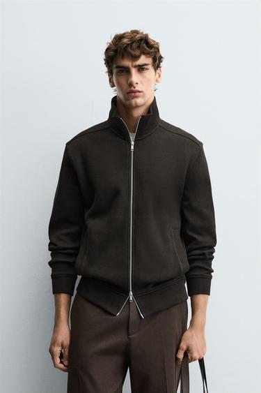 Zara RIBBED ZIPPER JACKET - Dark brown