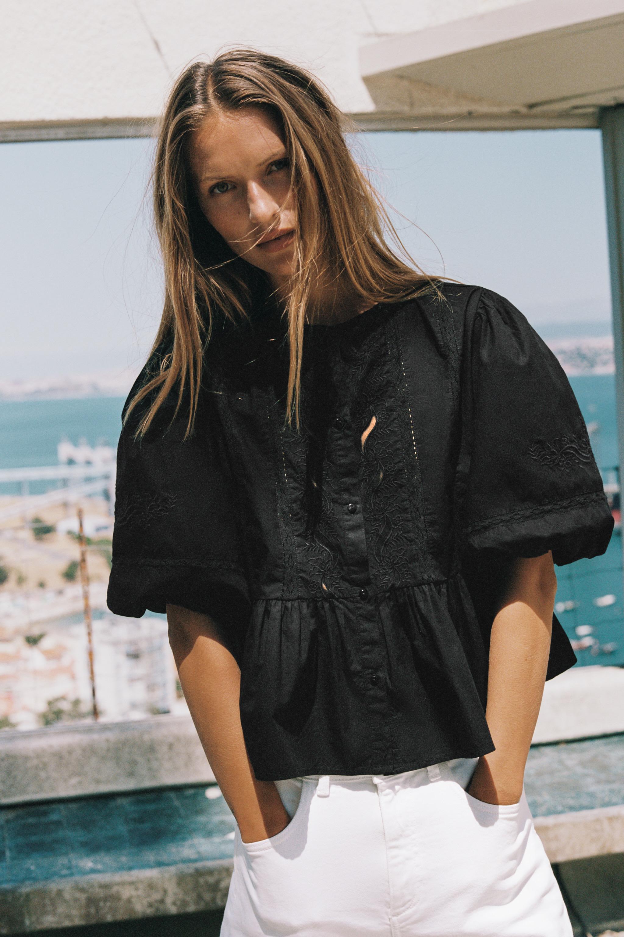 Женские рубашки Zara EMBROIDERED PUFF SLEEVE SHIRT — фото 2