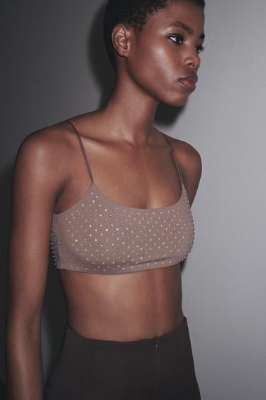 TOP CROPPED بلمعات - بني/ توبو الخاص بـ Zara