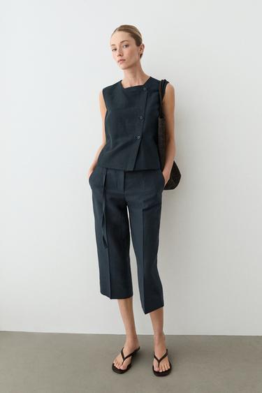 Zara Linen asymmetric buttoned vest - Navy blue