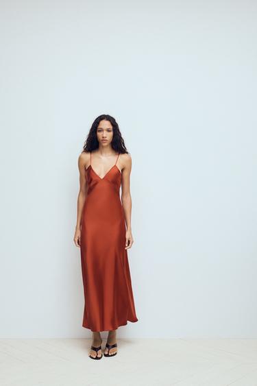 Zara SATIN EFFECT STRAPPY MIDI DRESS - Reddish