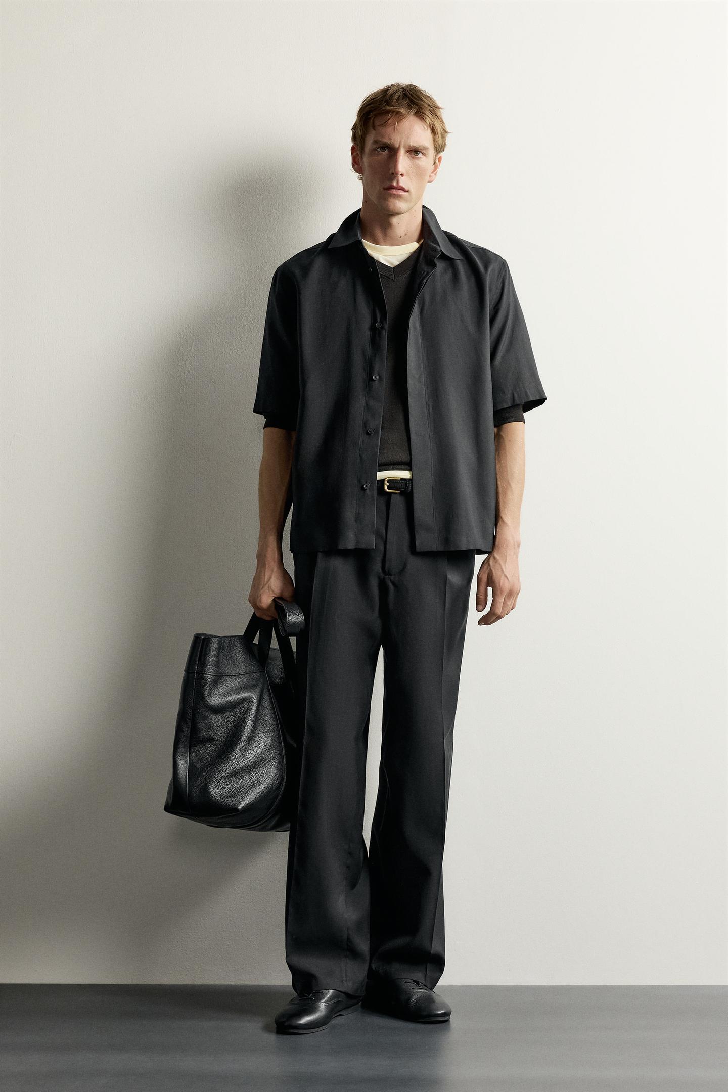 Мужская рубашка Zara Relaxed Fit Fluid, цвет: Чёрный