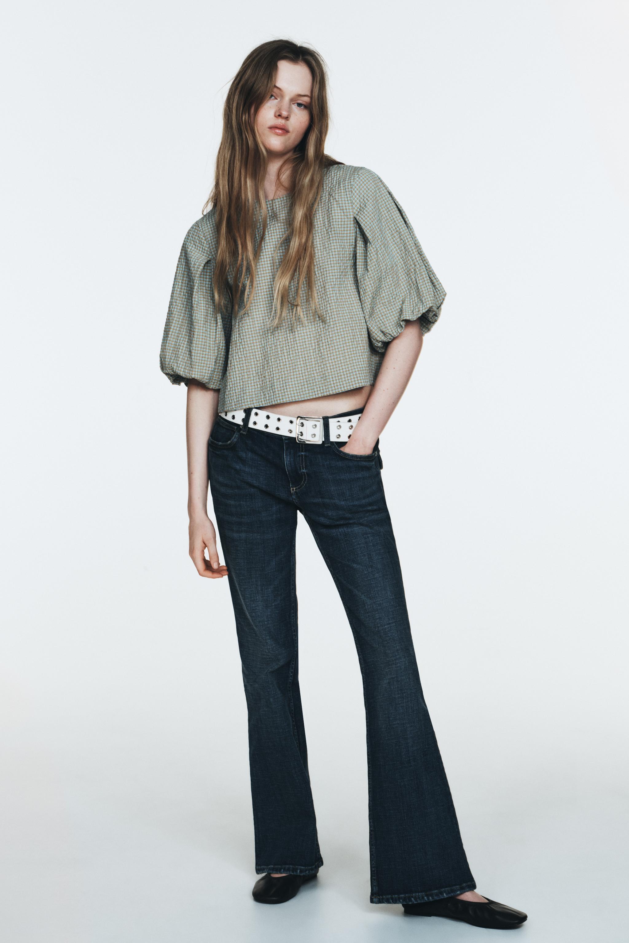 CHECKED BALLOON SLEEVE TOP - Brown-Blue | ZARA United States