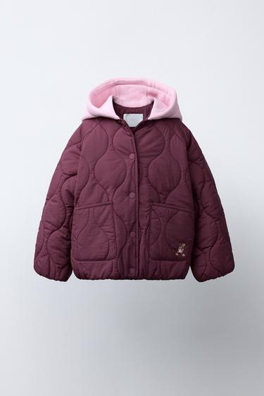 EMBROIDERED BEAR HOODED PUFFER JACKET - Burgundy by Zara