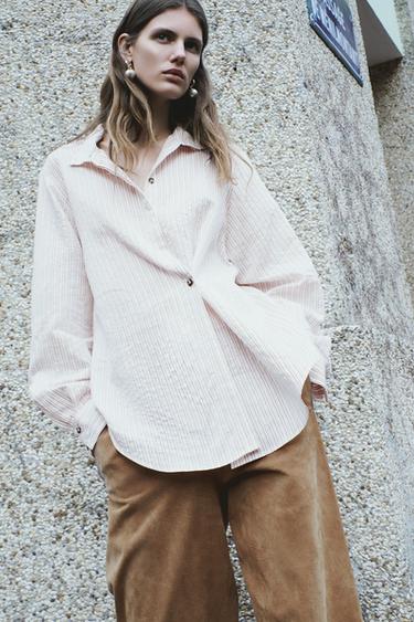 Zara 條紋加大版襯衫 - 焦糖色