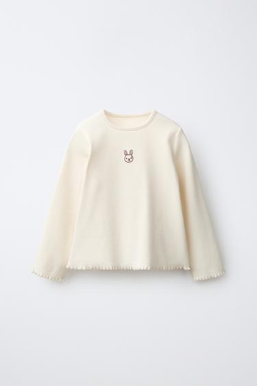 Zara EMBROIDERED RIBBED T-SHIRT - Ecru