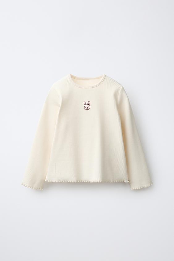 RIBBED EMBROIDERED T-SHIRT - Ecru by Zara - Image 0