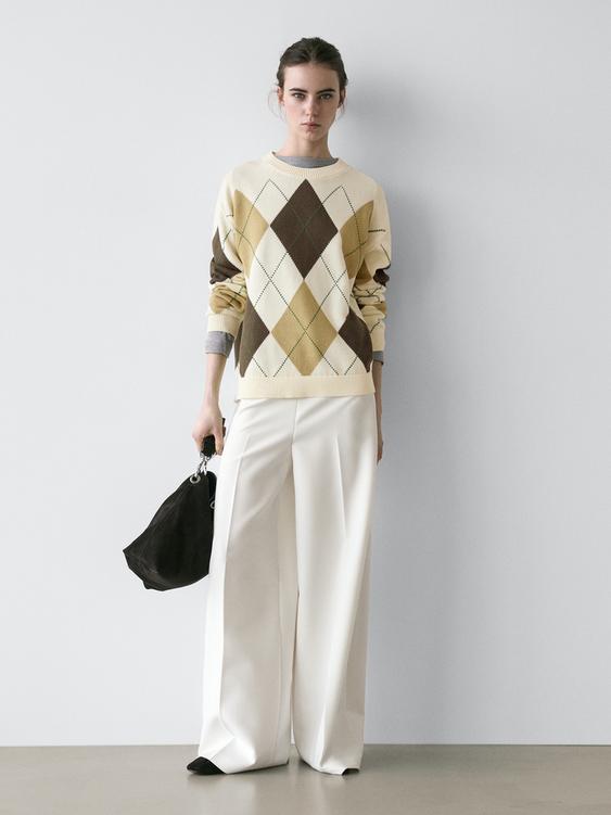 Cotton knit sweater with argyle detail