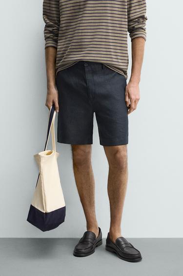 Zara REGULAR FIT 100% LINEN SHORTS - Navy blue
