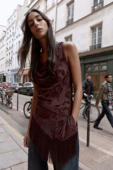 TOP ASYMÉTRIQUE À FRANGES DEVORÉ - Bordeaux de Zara - Image 1