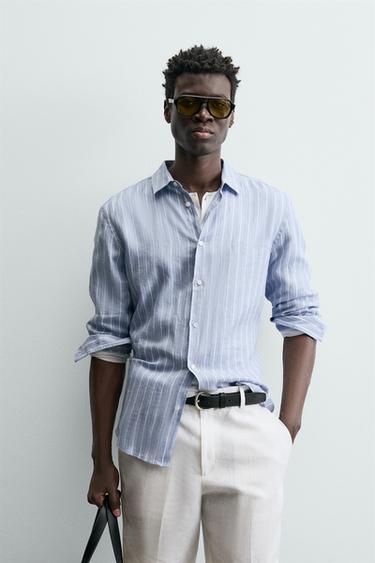 CAMISA 100% LINHO LISTRADA - Azul-celeste da Zara