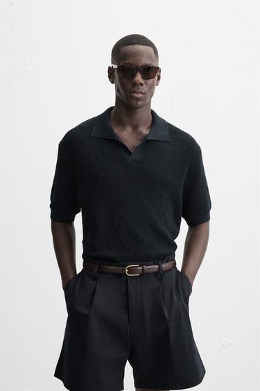 Zara OPEN TEXTURED KNIT POLO SHIRT - Navy blue