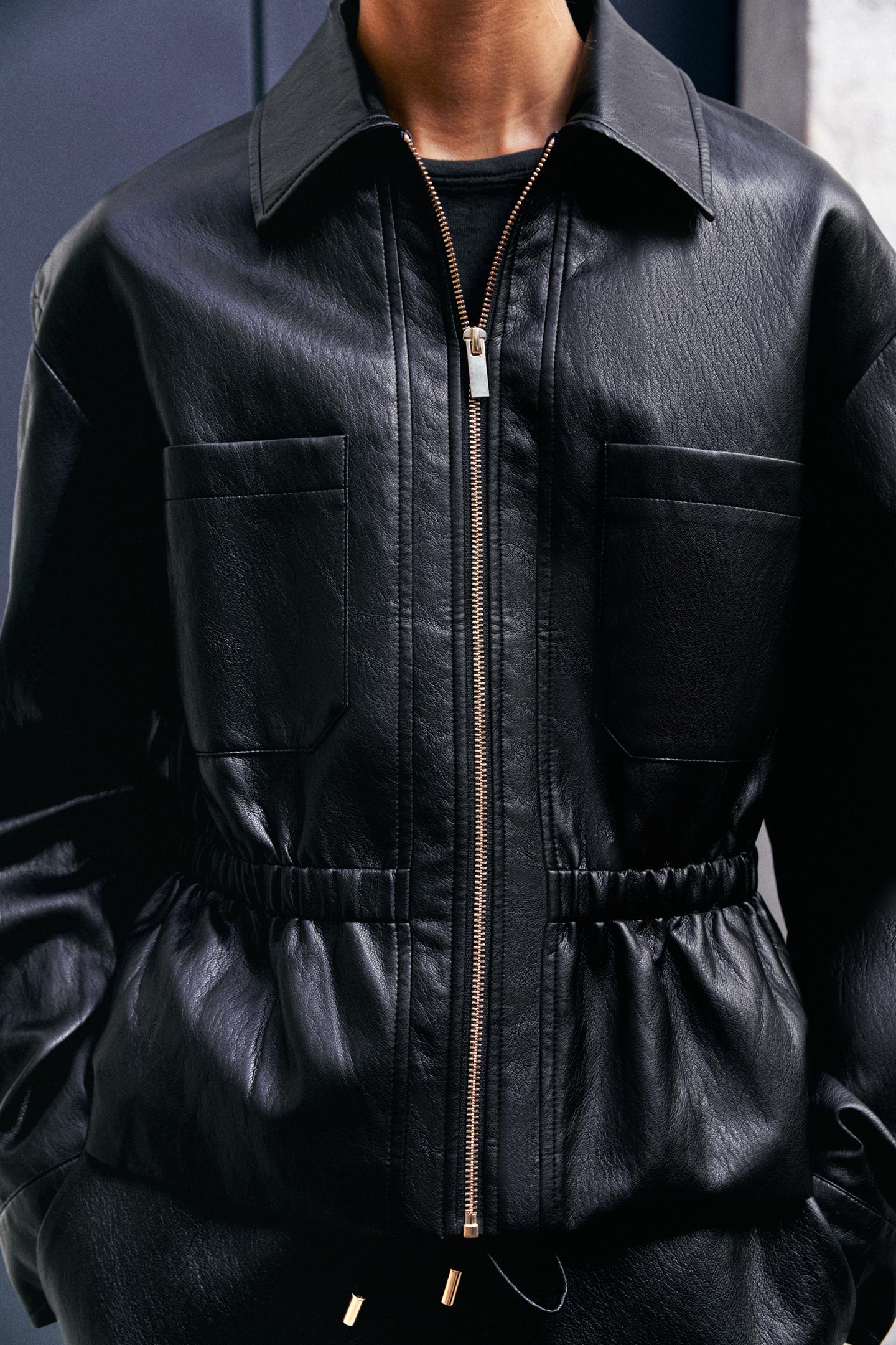 Женская куртка Zara Faux Leather Jacket with Elasticized Waist, цвет: Чёрный — фото 5