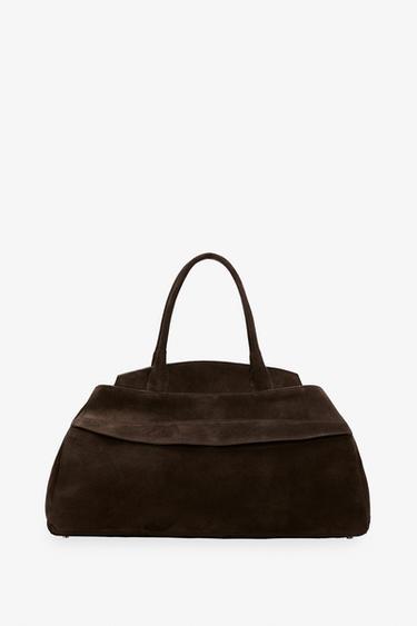 Zara SPLIT LEATHER SHOULDER BAG - Chocolate