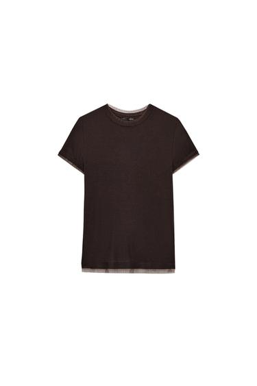 T-SHIRT WITH TULLE DETAIL - Chocolate brown by Zara