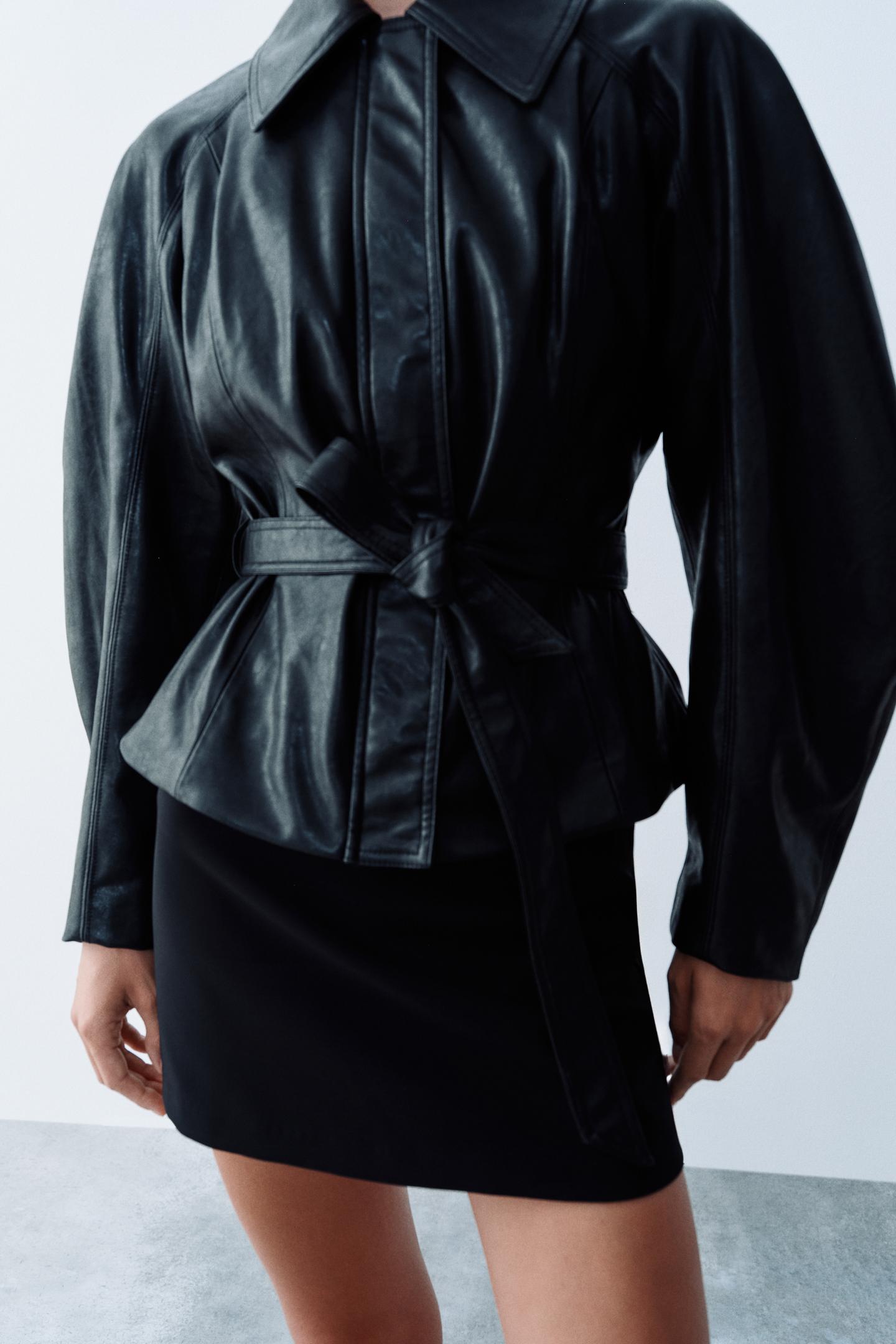 Женская куртка Zara Leather-Effect Belted, цвет: Чёрный — фото 6