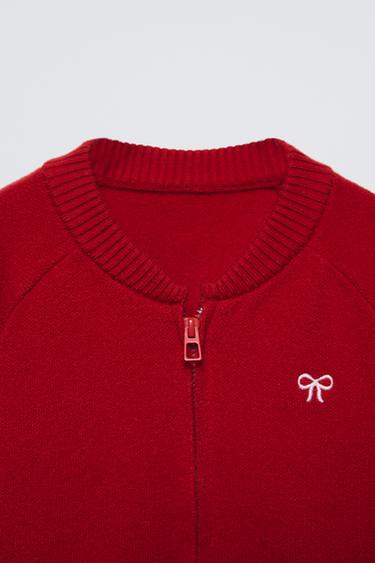 KNITTED BOMBER JACKET WITH BOW - Red by Zara - Image 2