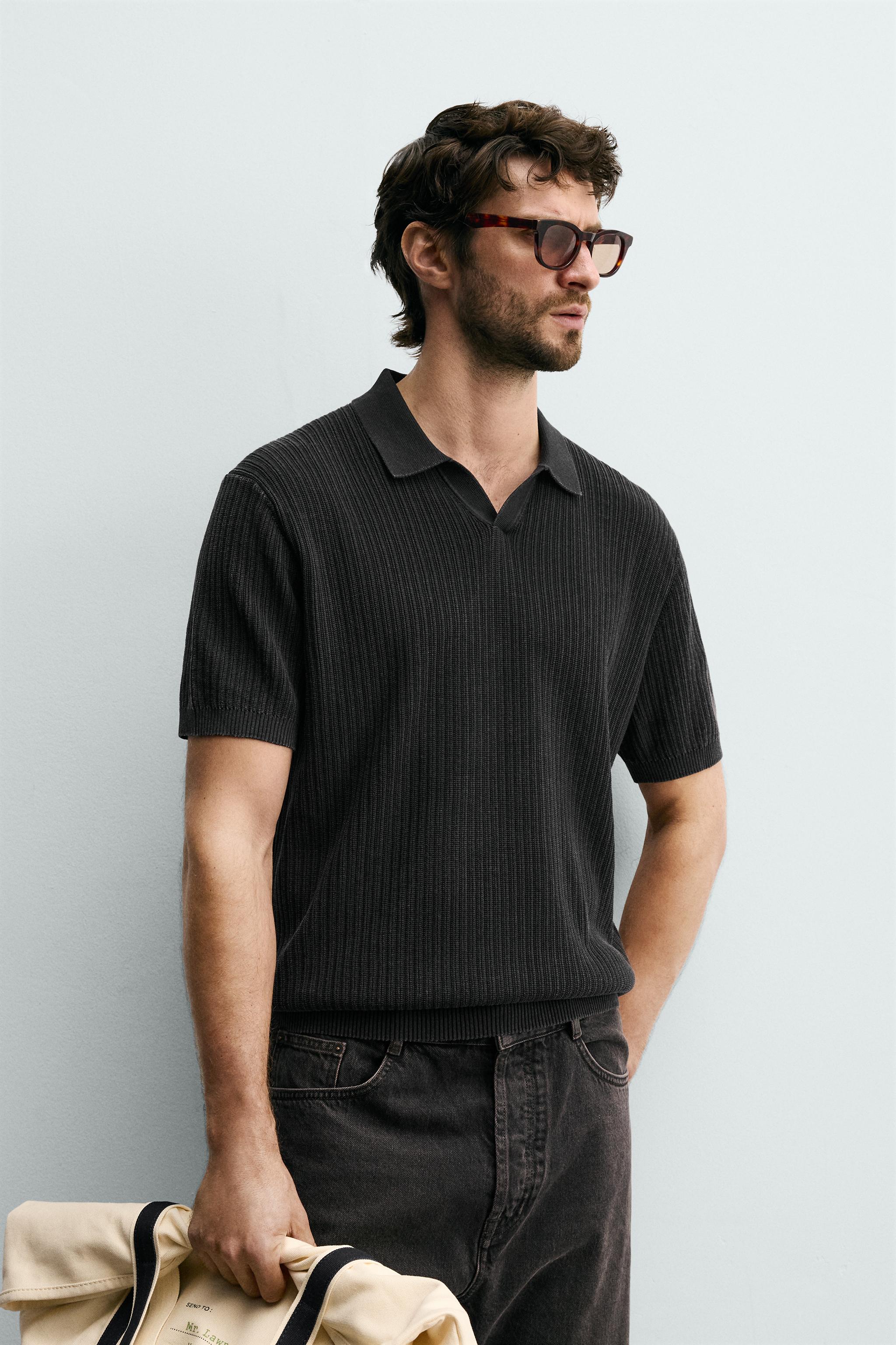 REGULAR FIT TEXTURED KNIT POLO — Faded black